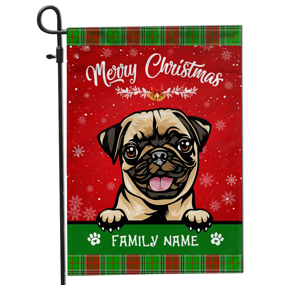 Personalized Dog Christmas Flag Merry Christmas Peeking Dog In Santa Hat Snowflake Xmas Green Red | siriusteestore