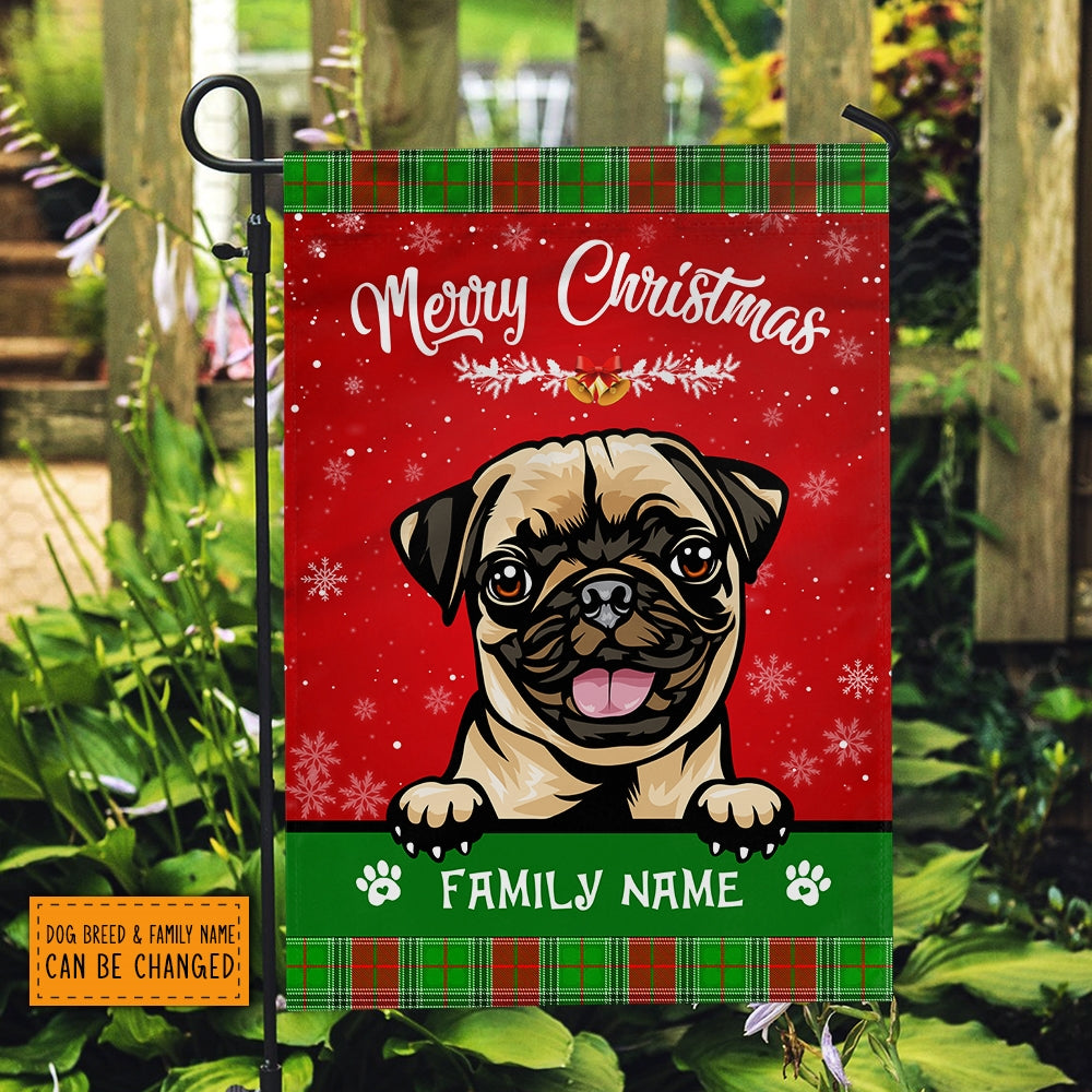 Personalized Dog Christmas Flag Merry Christmas Peeking Dog In Santa Hat Snowflake Xmas Green Red | siriusteestore