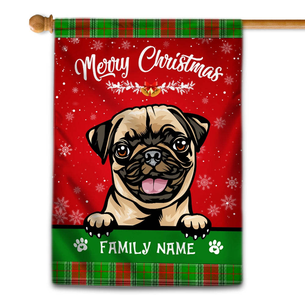 Personalized Dog Christmas Flag Merry Christmas Peeking Dog In Santa Hat Snowflake Xmas Green Red | siriusteestore