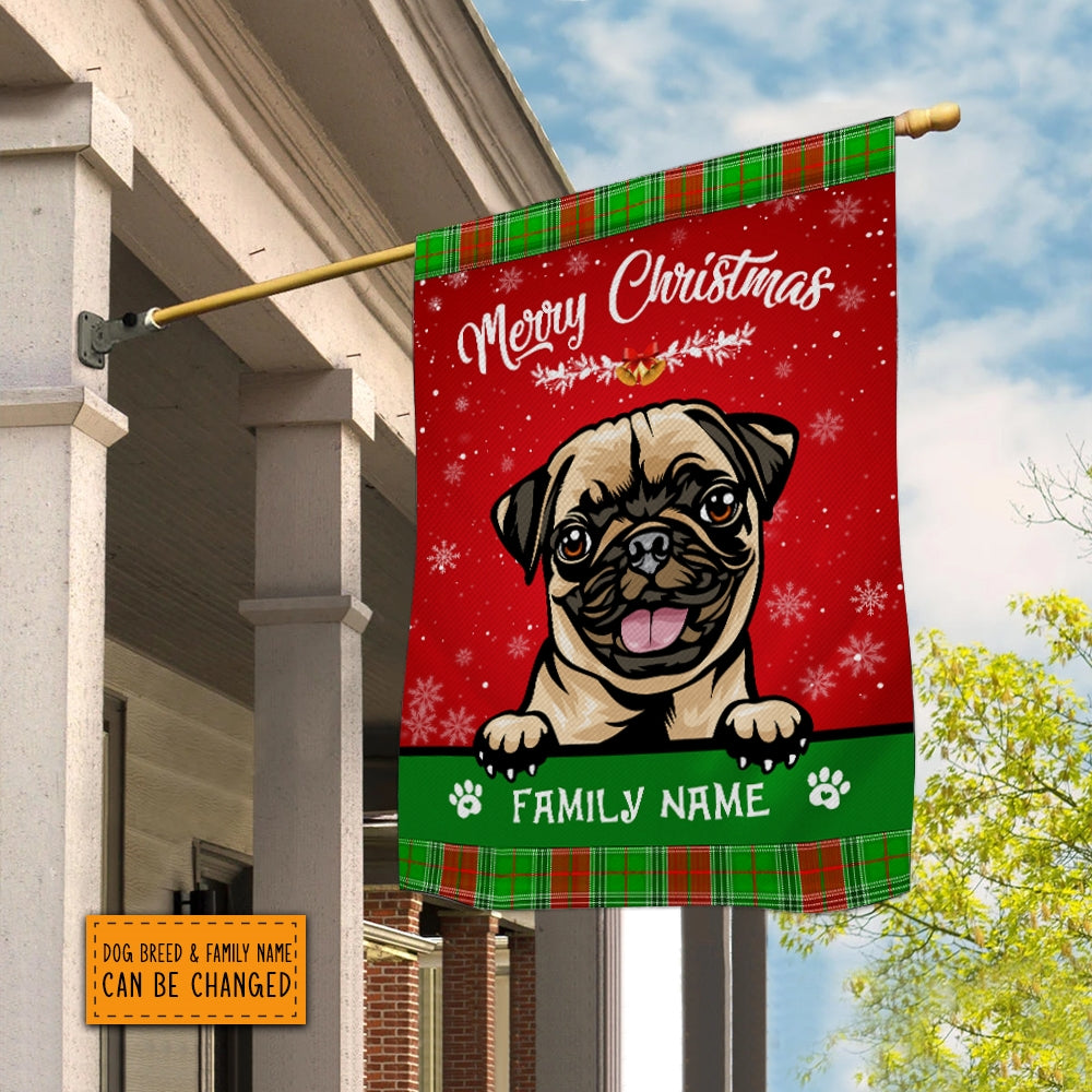 Personalized Dog Christmas Flag Merry Christmas Peeking Dog In Santa Hat Snowflake Xmas Green Red | siriusteestore