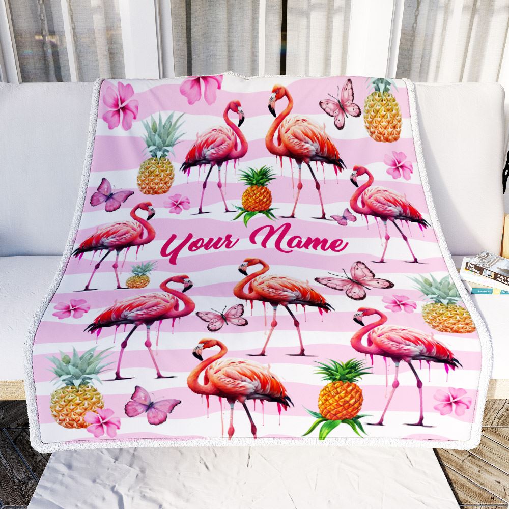 Personalized Flamingo Blanket Custom With Name Floral Pineapple Newborn Baby Girl Flamingo Daughter Granddaughter Niece Birthday Christmas Fleece Blanket | siriusteestore