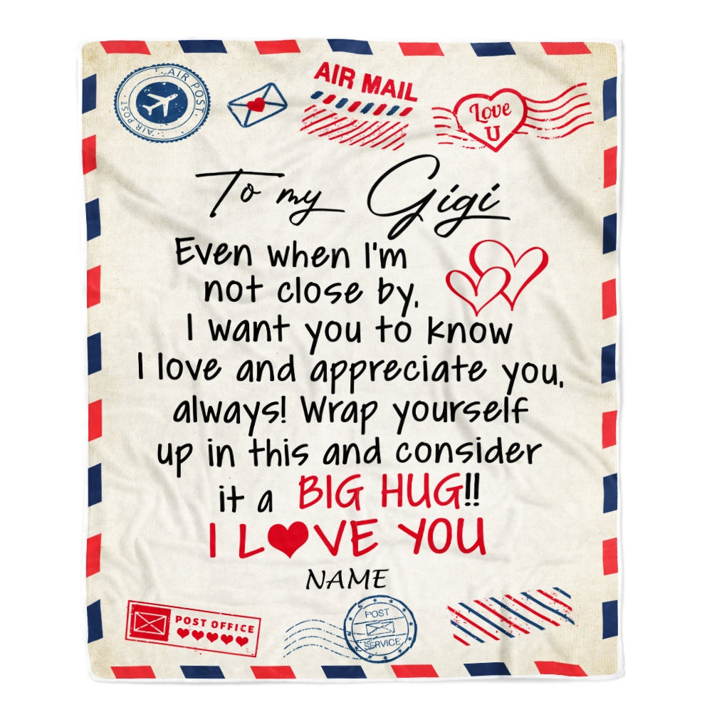 Personalized Gigi Blanket From Grandkids I Love You Hugs Air Mail Letter Gigi Birthday Mothers Day Christmas Customized Fleece Blanket | siriusteestore