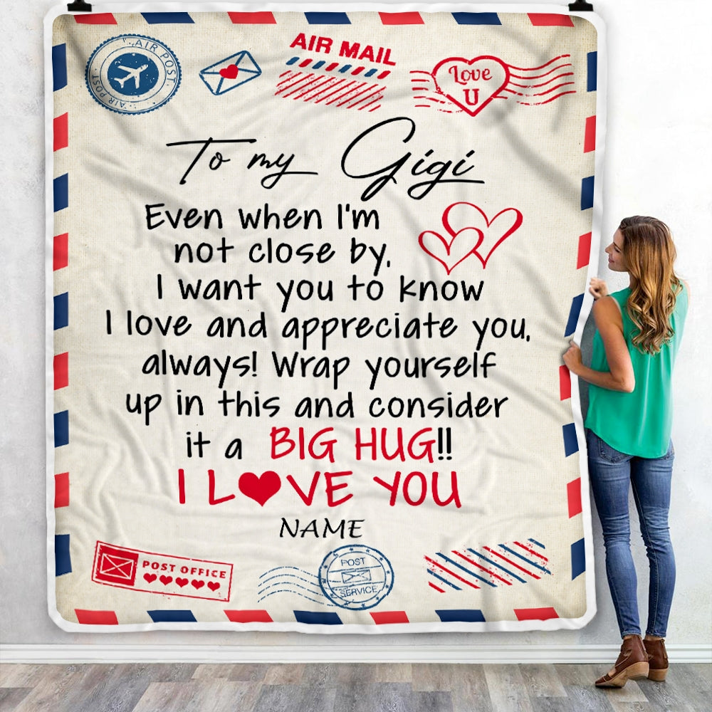 Personalized Gigi Blanket From Grandkids I Love You Hugs Air Mail Letter Gigi Birthday Mothers Day Christmas Customized Fleece Blanket | siriusteestore