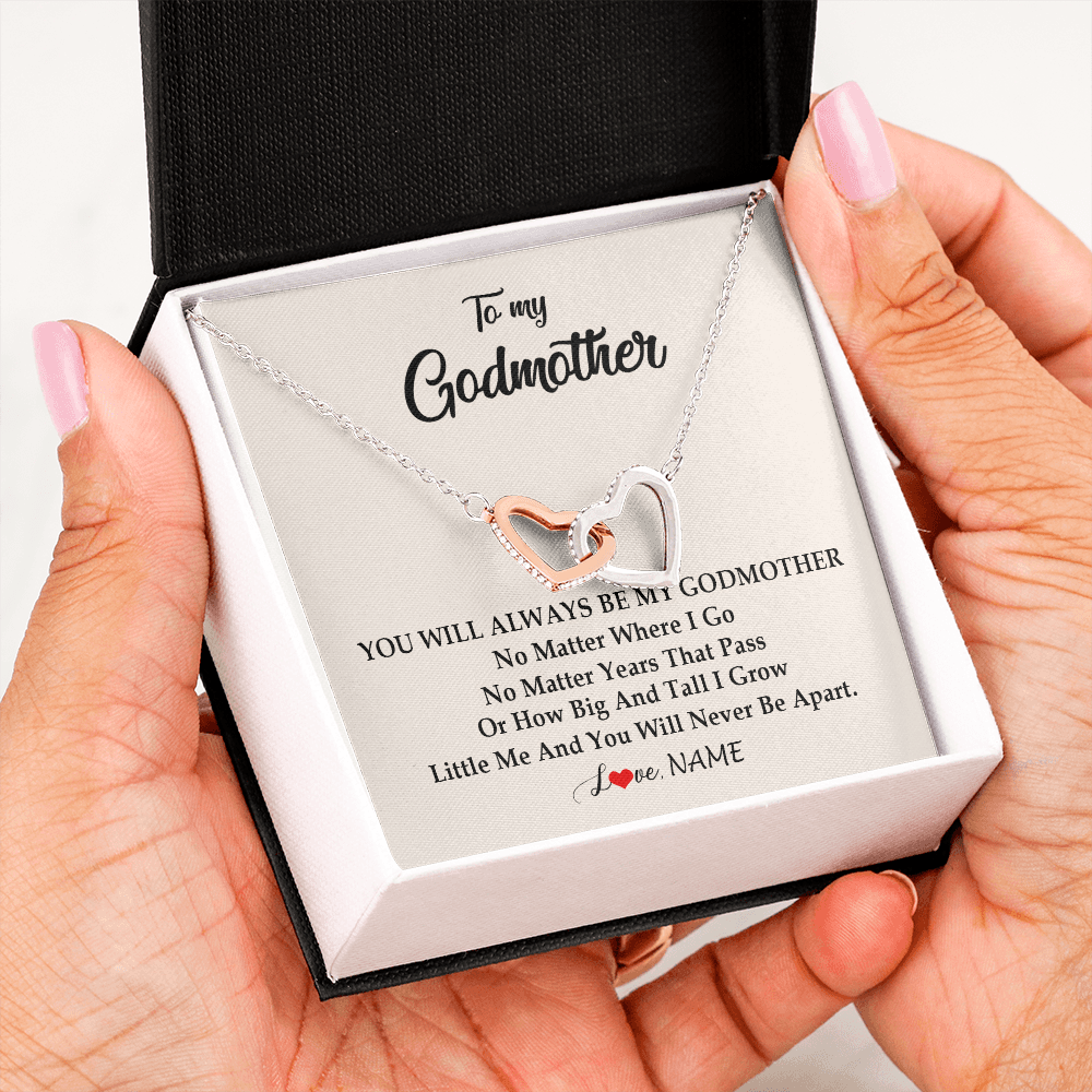 Interlocking Hearts Necklace | Personalized Godmother Necklace From Goddaughter Niece You Will Always Be My Godmother Birthday Mothers Day Christmas Customized Gift Box Message Card | siriusteestore