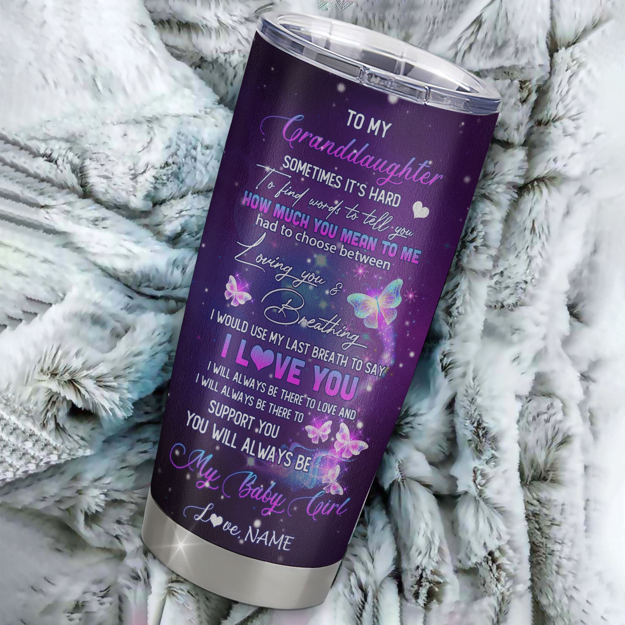 Personalized Granddaughter From Grandma Stainless Steel Tumbler Cup Butterfly Sometimes It's Hard to Find Words to Say I Love You Birthday Graduation Christmas Travel Mug | siriusteestore