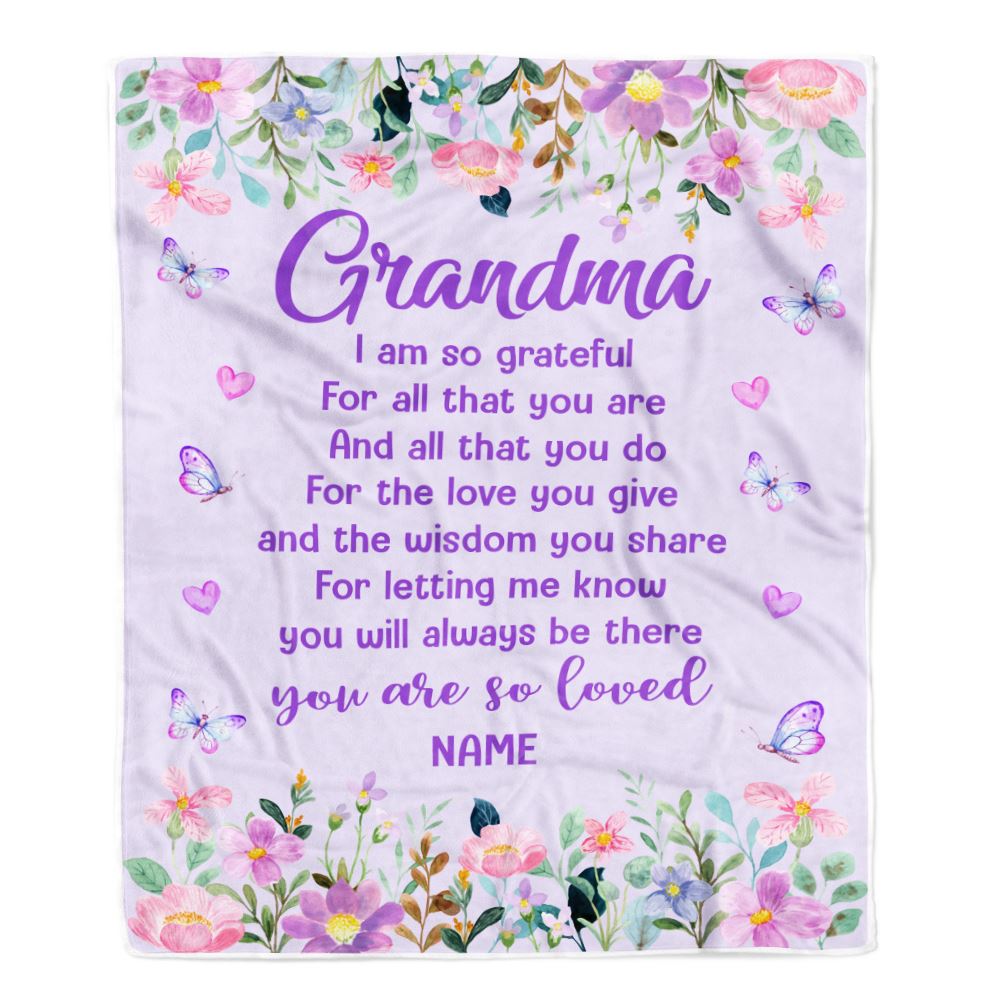Personalized Grandma Blanket From Granddaughter Grandson Floral Butterfly Love You Give Grandma Mothers Day Birthday Christmas Customized Fleece Blanket | siriusteestore