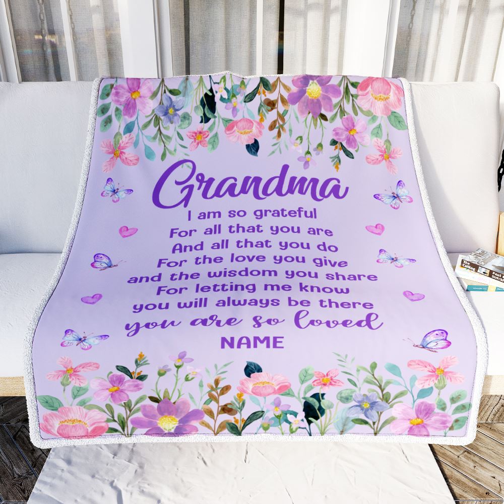 Personalized Grandma Blanket From Granddaughter Grandson Floral Butterfly Love You Give Grandma Mothers Day Birthday Christmas Customized Fleece Blanket | siriusteestore