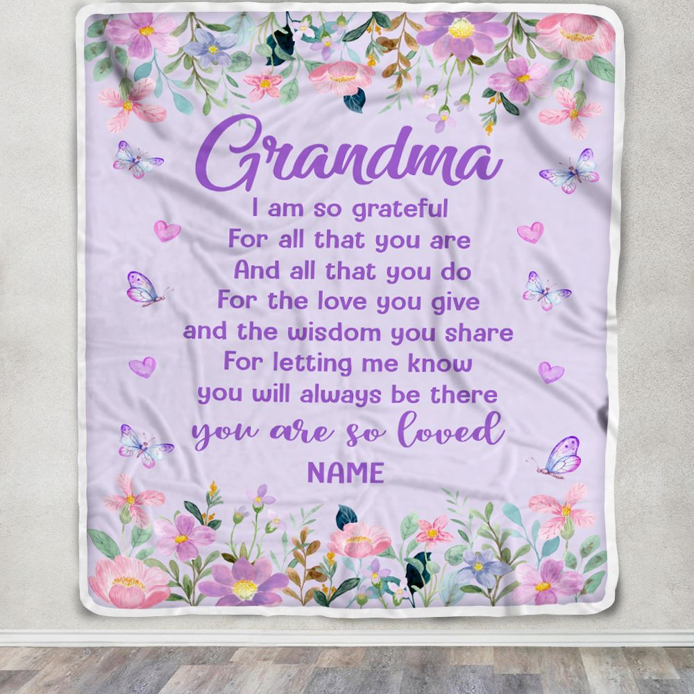 Personalized Grandma Blanket From Granddaughter Grandson Floral Butterfly Love You Give Grandma Mothers Day Birthday Christmas Customized Fleece Blanket | siriusteestore