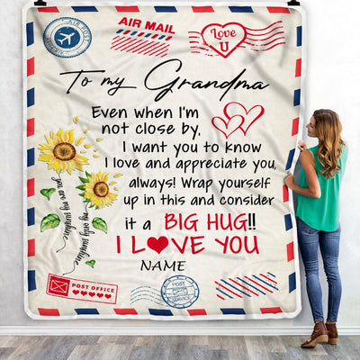 Personalized Grandma Blanket From Grandkids Love Big Hug Air Mail Letter Sunflower Grandma Birthday Mothers Day Christmas Customized Fleece Throw Blanket | siriusteestore