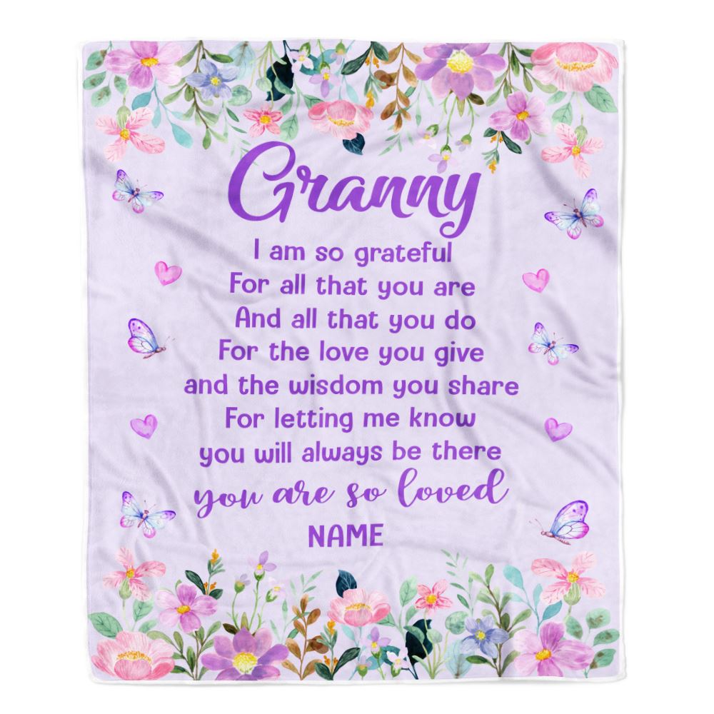Personalized Granny Blanket From Granddaughter Grandson Floral Butterfly Love You Give Granny Mothers Day Birthday Christmas Customized Bed Fleece Blanket | siriusteestore