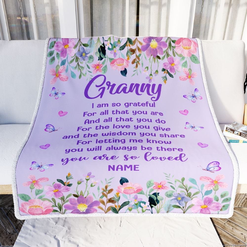 Personalized Granny Blanket From Granddaughter Grandson Floral Butterfly Love You Give Granny Mothers Day Birthday Christmas Customized Bed Fleece Blanket | siriusteestore