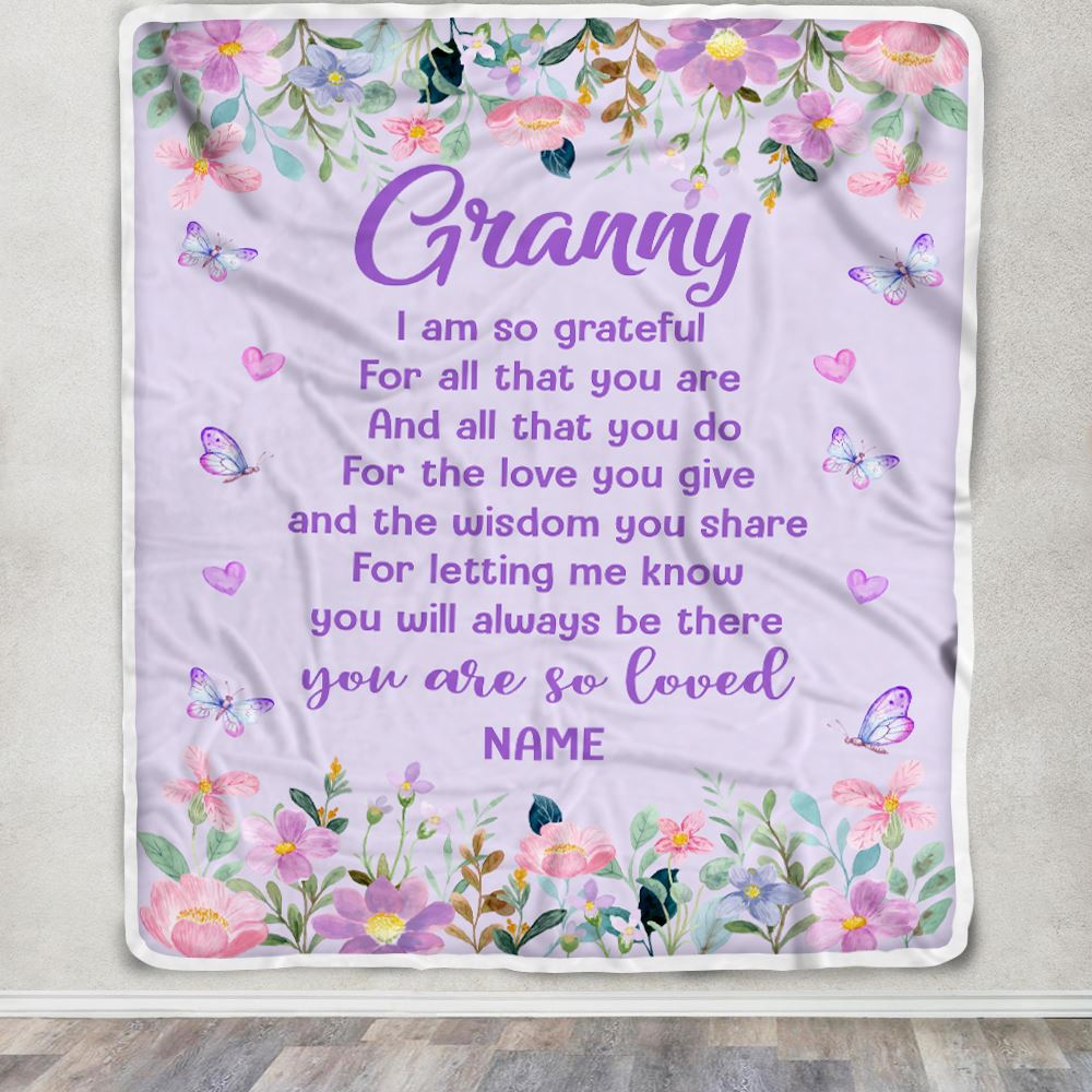 Personalized Granny Blanket From Granddaughter Grandson Floral Butterfly Love You Give Granny Mothers Day Birthday Christmas Customized Bed Fleece Blanket | siriusteestore