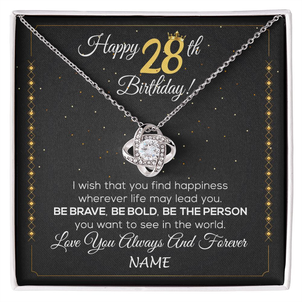 Love Knot Necklace | Personalized Happy 28Th Birthday Necklace For Her Girls Daughter Niece Sister Goddaughter Granddaughter 28 Year Old Birthday Customized Gift Box Message Card | siriusteestore