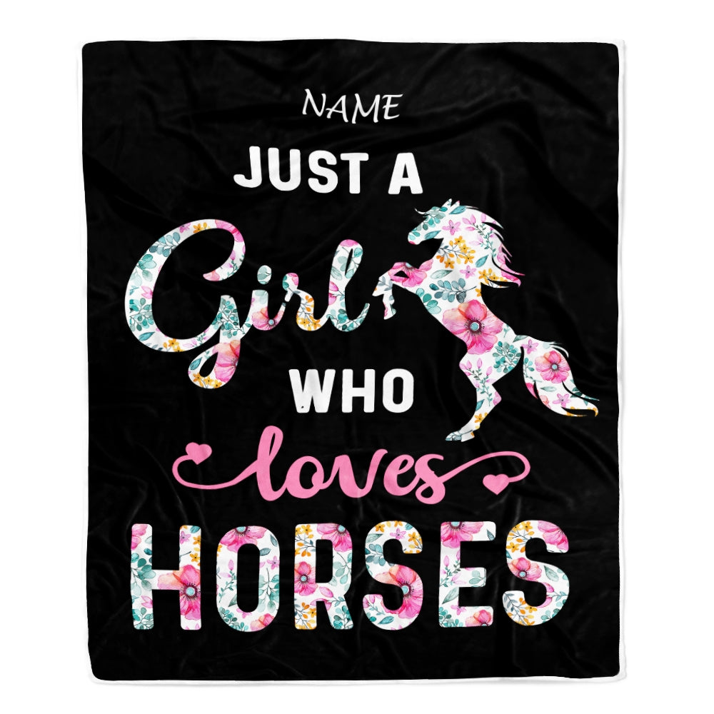 Personalized Horse Girl Blanket Just A Girl Who Loves Horses Flower Floral Daughter Girl Women Birthday Graduation Christmas Customized Fleece Blanket | siriusteestore