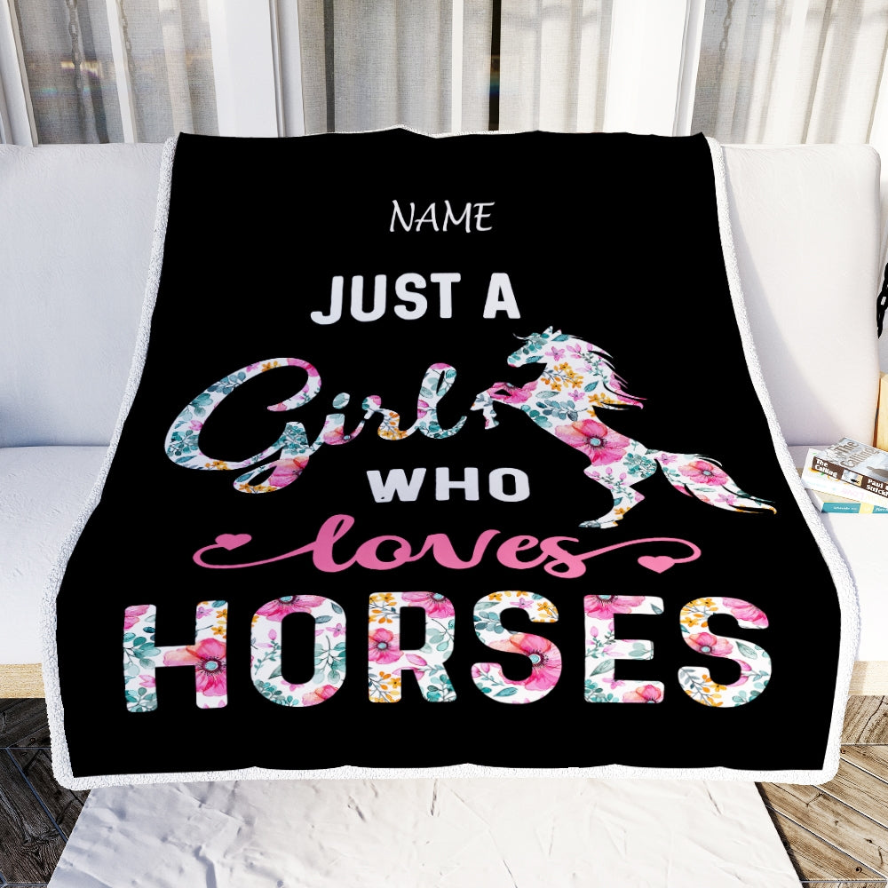 Personalized Horse Girl Blanket Just A Girl Who Loves Horses Flower Floral Daughter Girl Women Birthday Graduation Christmas Customized Fleece Blanket | siriusteestore
