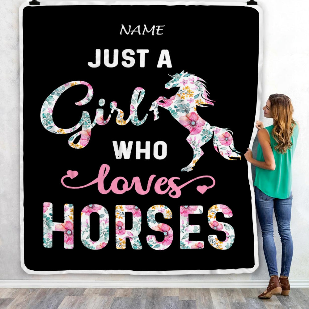 Personalized Horse Girl Blanket Just A Girl Who Loves Horses Flower Floral Daughter Girl Women Birthday Graduation Christmas Customized Fleece Blanket | siriusteestore