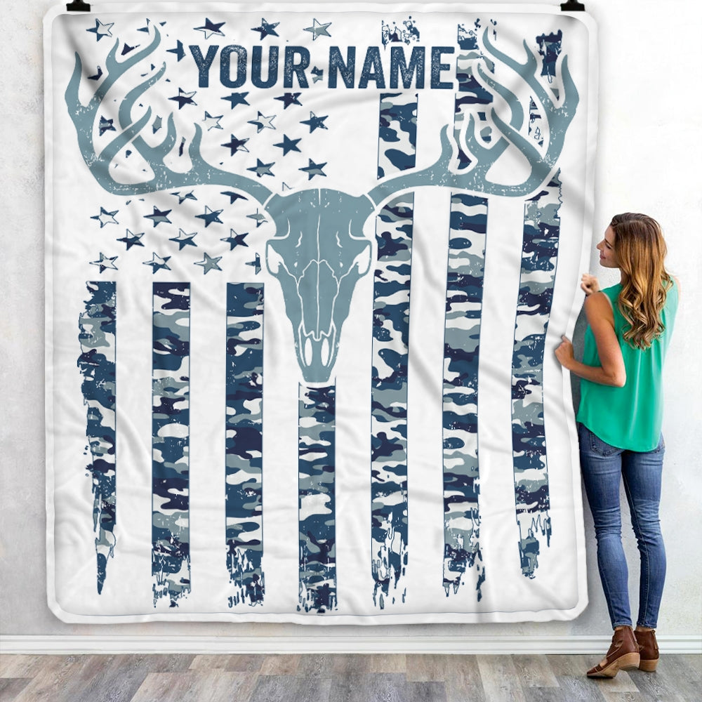 Personalized Hunting Blanket American Flag Camo Deer For Dad Son Grandpa Papa Uncle Husband Hunter For Men Birthday Customized Christmas Fleece Blanket | siriusteestore