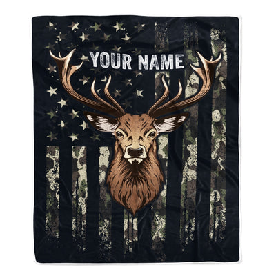 Personalized Hunting Blanket Flag Camo Deer For Husband Son Dad Grandpa Papa Uncle Hunter For Men Birthday Customized Christmas Fleece Blanket | siriusteestore