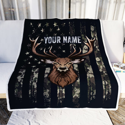 Personalized Hunting Blanket Flag Camo Deer For Husband Son Dad Grandpa Papa Uncle Hunter For Men Birthday Customized Christmas Fleece Blanket | siriusteestore