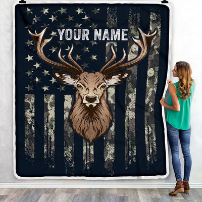 Personalized Hunting Blanket Flag Camo Deer For Husband Son Dad Grandpa Papa Uncle Hunter For Men Birthday Customized Christmas Fleece Blanket | siriusteestore