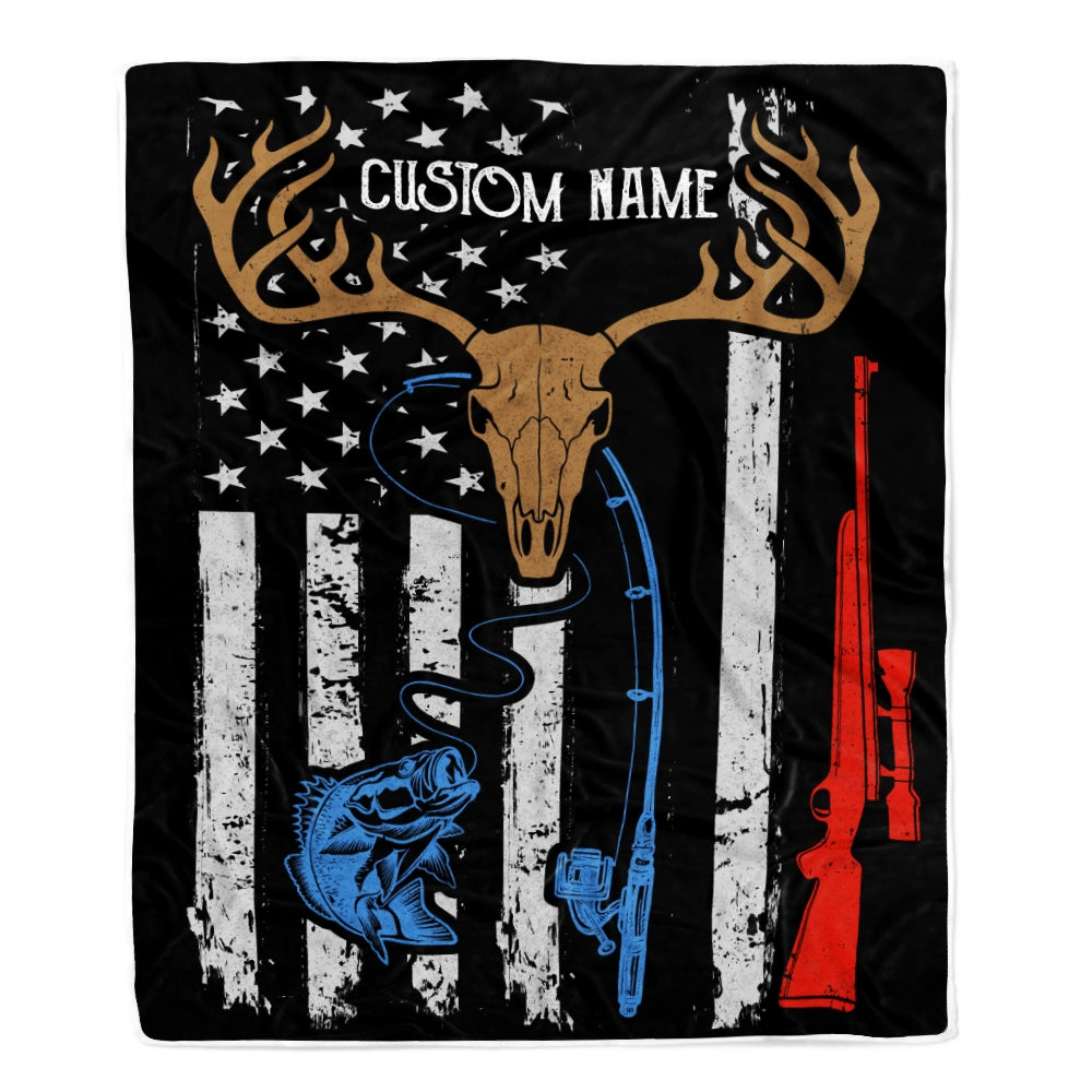 Personalized Hunting Fishing Blanket American Flag Deer Camo Rod For Husband Son Dad Grandpa Papa Uncle For Men Birthday Customized Christmas Fleece Blanket | siriusteestore