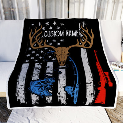 Personalized Hunting Fishing Blanket American Flag Deer Camo Rod For Husband Son Dad Grandpa Papa Uncle For Men Birthday Customized Christmas Fleece Blanket | siriusteestore