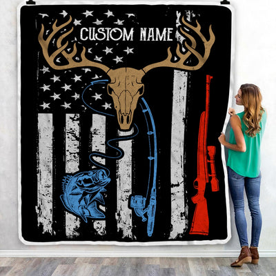 Personalized Hunting Fishing Blanket American Flag Deer Camo Rod For Husband Son Dad Grandpa Papa Uncle For Men Birthday Customized Christmas Fleece Blanket | siriusteestore