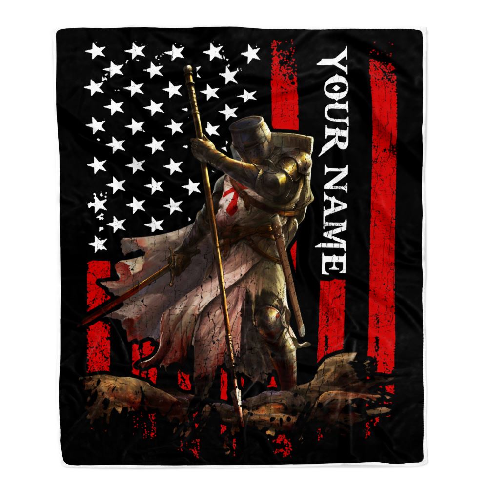 Personalized Knight Templar Blanket Custom Name Crusader Warrior American Flag For Men Husband Dad Son Birthday Christmas Customized Bed Fleece Throw Blanket | siriusteestore