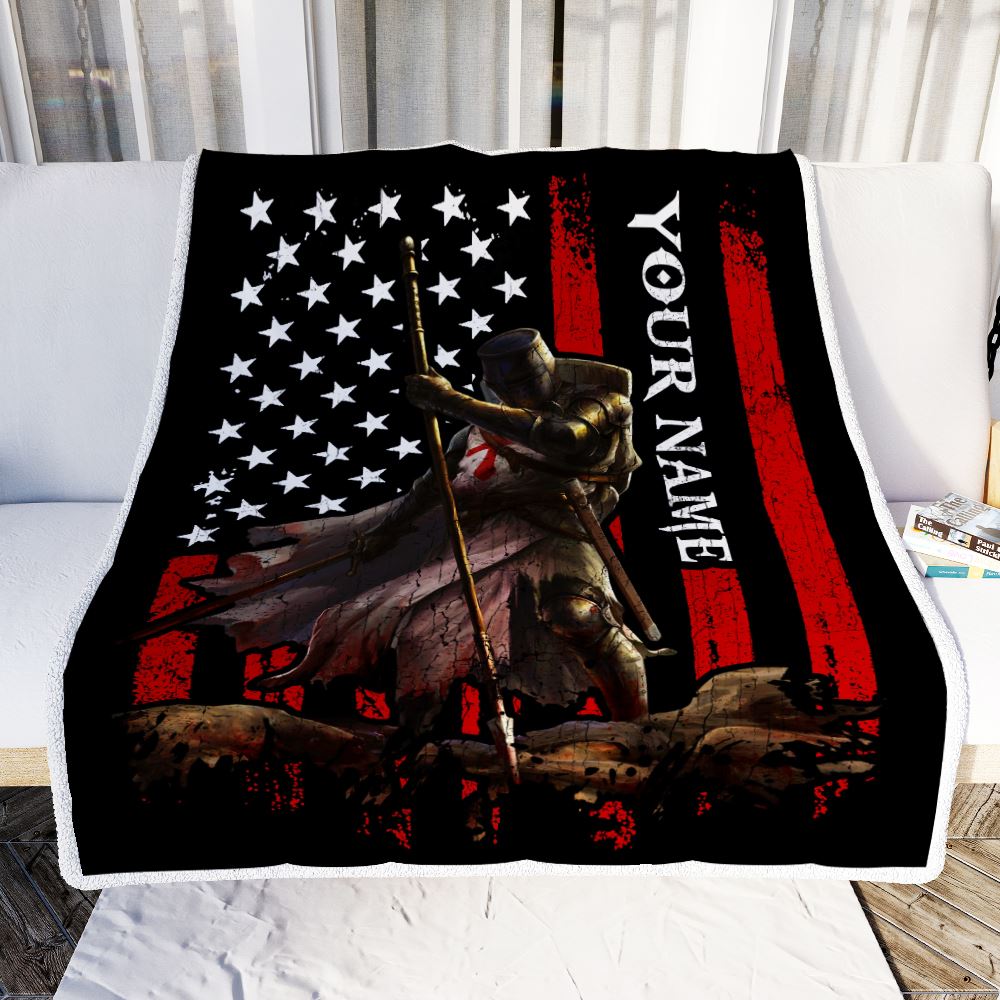 Personalized Knight Templar Blanket Custom Name Crusader Warrior American Flag For Men Husband Dad Son Birthday Christmas Customized Bed Fleece Throw Blanket | siriusteestore