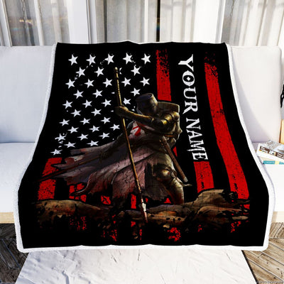 Personalized Knight Templar Blanket Custom Name Crusader Warrior American Flag For Men Husband Dad Son Birthday Christmas Customized Bed Fleece Throw Blanket | siriusteestore