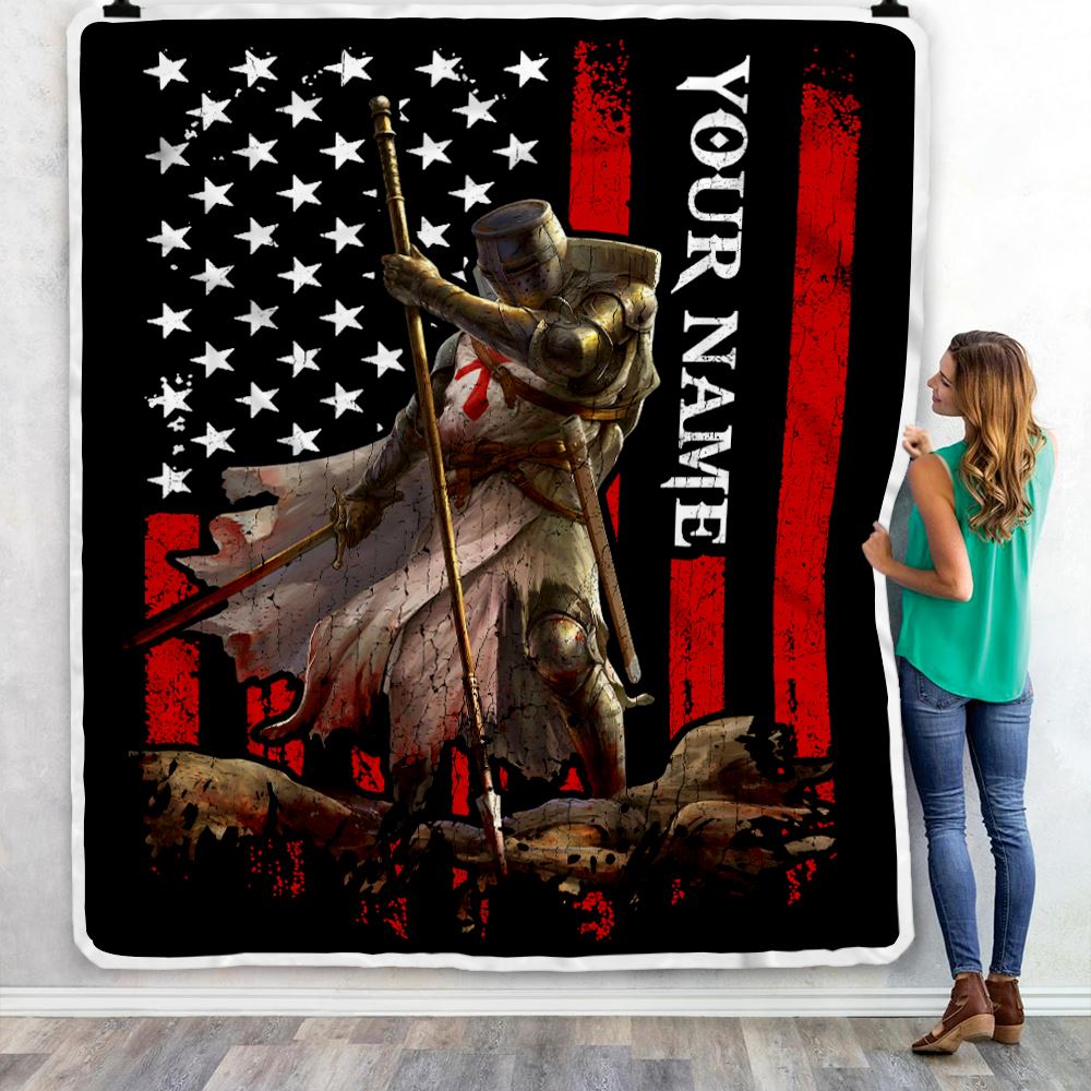 Personalized Knight Templar Blanket Custom Name Crusader Warrior American Flag For Men Husband Dad Son Birthday Christmas Customized Bed Fleece Throw Blanket | siriusteestore