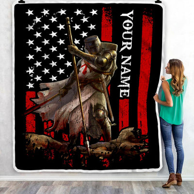 Personalized Knight Templar Blanket Custom Name Crusader Warrior American Flag For Men Husband Dad Son Birthday Christmas Customized Bed Fleece Throw Blanket | siriusteestore