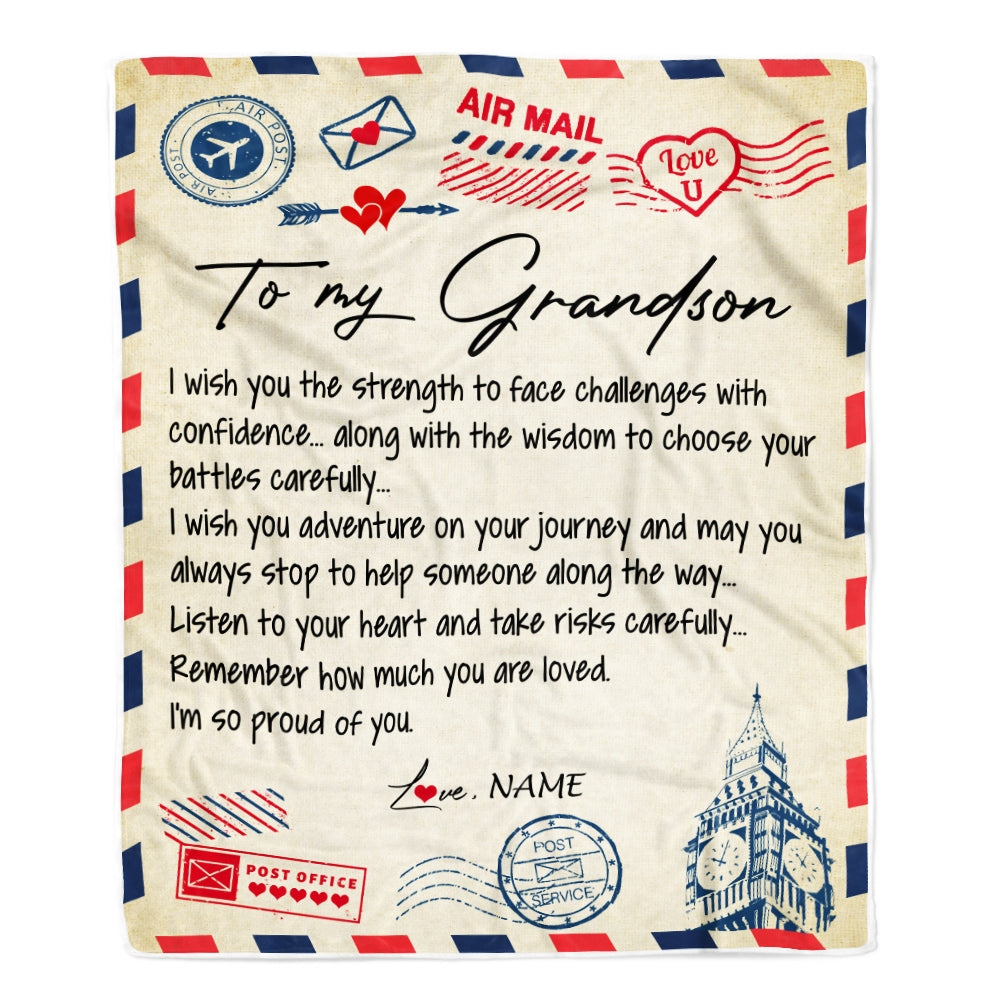 Personalized Letter Blanket To My Grandson From Grandma Grandpa I'm So Proud Of You Grandson Birthday Christmas Thanksgiving Graduation Customized Fleece Blanket | siriusteestore