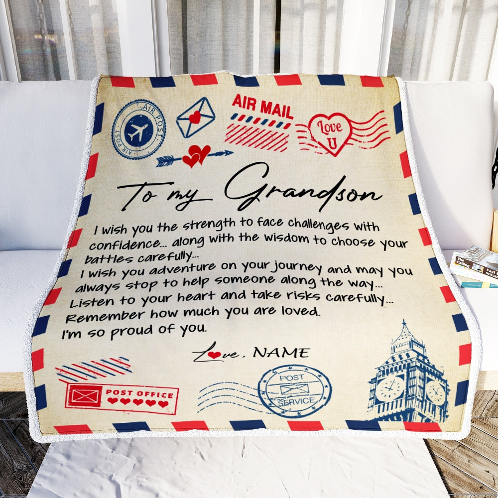 Personalized Letter Blanket To My Grandson From Grandma Grandpa I'm So Proud Of You Grandson Birthday Christmas Thanksgiving Graduation Customized Fleece Blanket | siriusteestore
