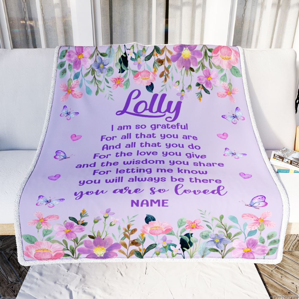 Personalized Lolly Blanket From Granddaughter Grandson Floral Butterfly Love You Give Lolly Mothers Day Birthday Christmas Customized Bed Fleece Throw Blanket | siriusteestore