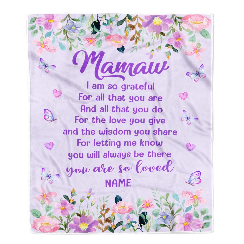 Personalized Mamaw Blanket From Granddaughter Grandson Floral Butterfly Love You Give Mamaw Mothers Day Birthday Christmas Customized Bed Fleece Throw Blanket | siriusteestore