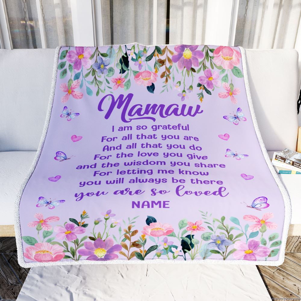 Personalized Mamaw Blanket From Granddaughter Grandson Floral Butterfly Love You Give Mamaw Mothers Day Birthday Christmas Customized Bed Fleece Throw Blanket | siriusteestore