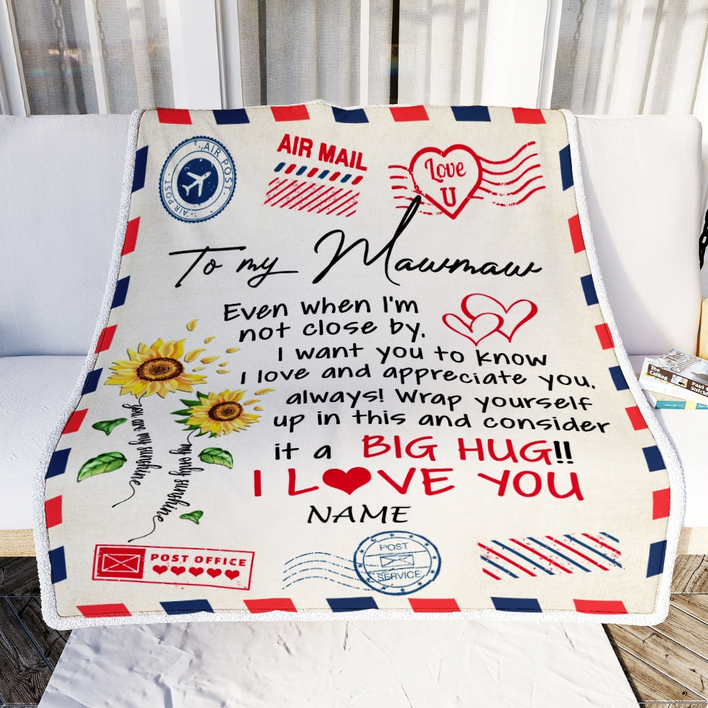 Personalized Mawmaw Blanket From Grandkids Love Big Hug Air Mail Letter Sunflower Mawmaw Birthday Mothers Day Christmas Customized Fleece Throw Blanket | siriusteestore