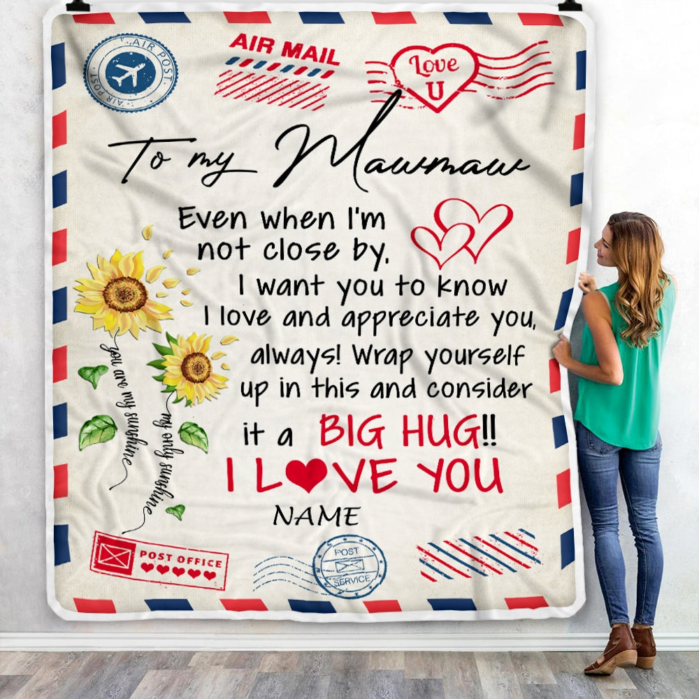Personalized Mawmaw Blanket From Grandkids Love Big Hug Air Mail Letter Sunflower Mawmaw Birthday Mothers Day Christmas Customized Fleece Throw Blanket | siriusteestore