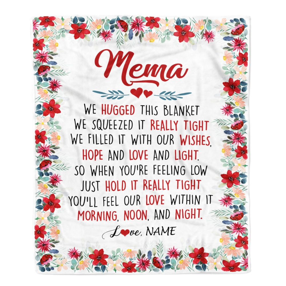 Personalized Mema Blanket From Grandkids Grandson Granddaughter We Hugged This Blanket Mema Birthday Mothers Day Christmas Customized Fleece Throw Blanket | siriusteestore