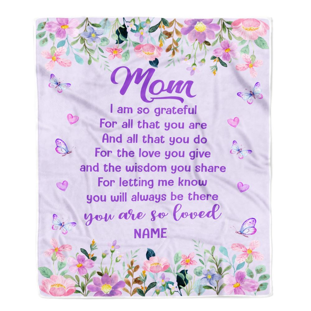 Personalized Mom Blanket From Daughter Son Floral Butterfly Love You Give Mom Mothers Day Birthday Christmas Customized Bed Fleece Throw Blanket | siriusteestore