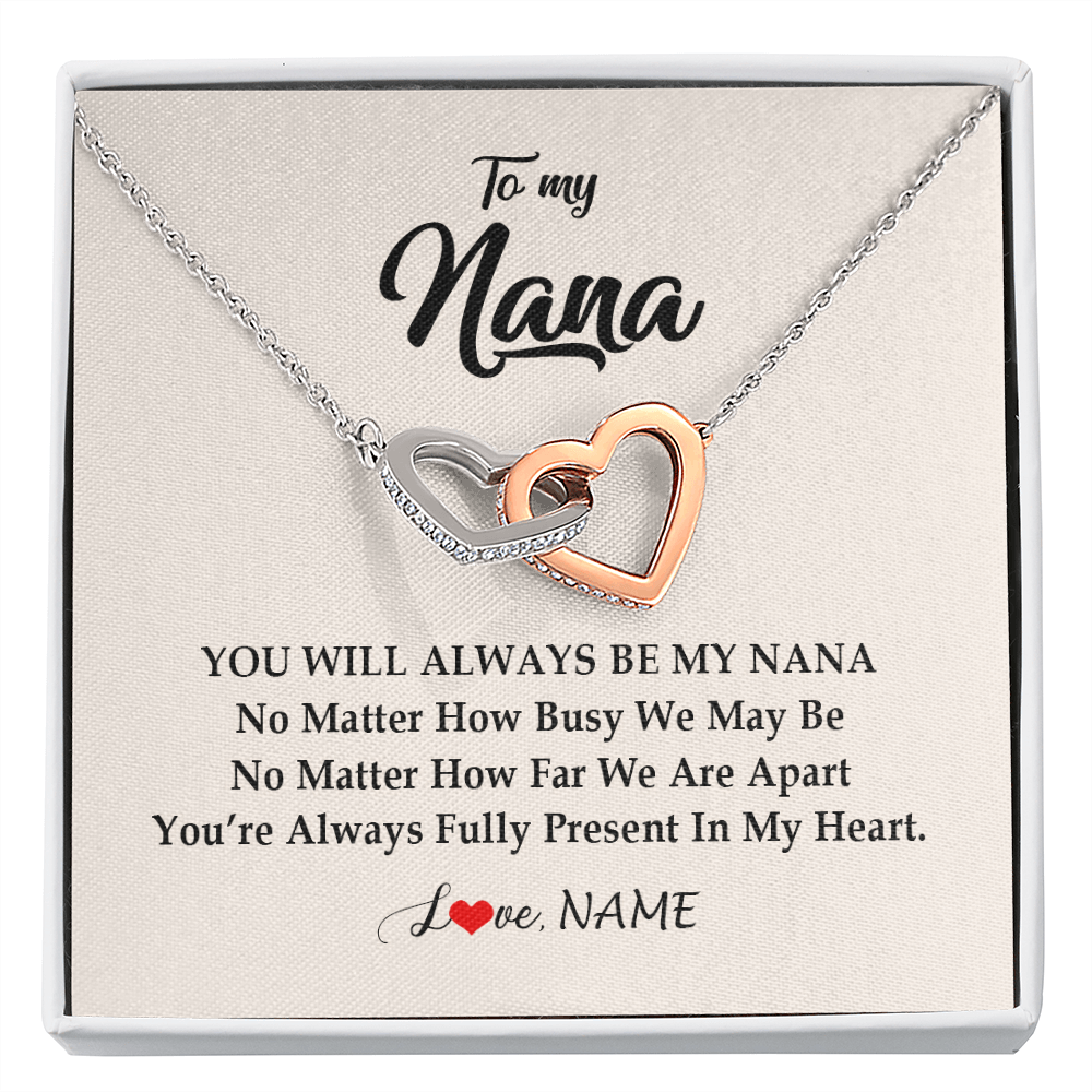 Interlocking Hearts Necklace | Personalized Nana Necklace From Grandkids Granddaughter Grandson You're Always In My Heart Nana Birthday Mothers Day Christmas Customized Gift Box Message Card | siriusteestore