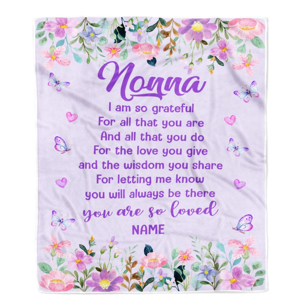 Personalized Nonna Blanket From Granddaughter Grandson Floral Butterfly Love You Give Nonna Mothers Day Birthday Christmas Customized Bed Fleece Throw Blanket | siriusteestore