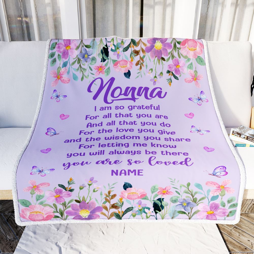 Personalized Nonna Blanket From Granddaughter Grandson Floral Butterfly Love You Give Nonna Mothers Day Birthday Christmas Customized Bed Fleece Throw Blanket | siriusteestore