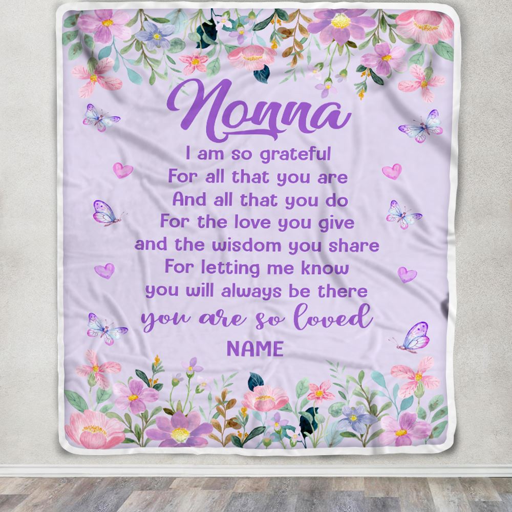 Personalized Nonna Blanket From Granddaughter Grandson Floral Butterfly Love You Give Nonna Mothers Day Birthday Christmas Customized Bed Fleece Throw Blanket | siriusteestore