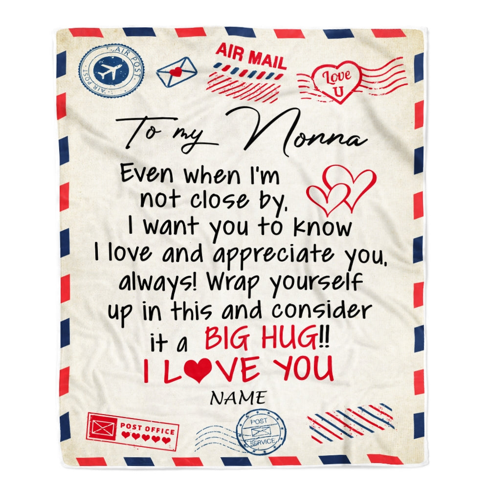 Personalized Nonna Blanket From Grandkids I Love You Hugs Air Mail Letter Nonna Birthday Mothers Day Christmas Customized Fleece Blanket | siriusteestore