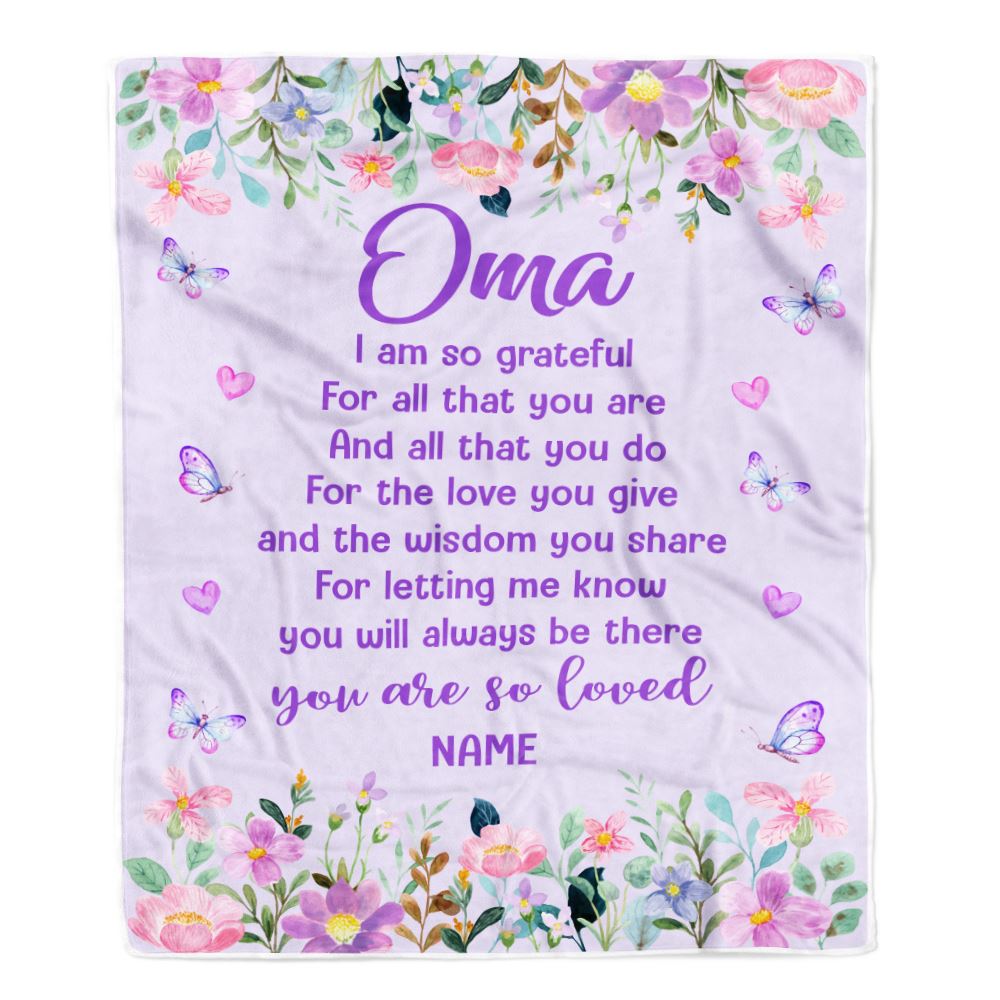 Personalized Oma Blanket From Granddaughter Grandson Floral Butterfly Love You Give Oma Mothers Day Birthday Christmas Customized Bed Fleece Throw Blanket | siriusteestore