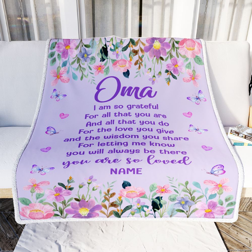 Personalized Oma Blanket From Granddaughter Grandson Floral Butterfly Love You Give Oma Mothers Day Birthday Christmas Customized Bed Fleece Throw Blanket | siriusteestore