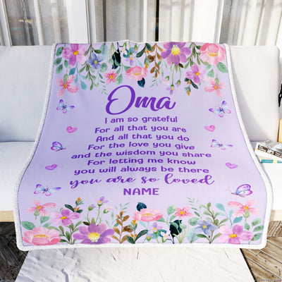 Personalized Oma Blanket From Granddaughter Grandson Floral Butterfly Love You Give Oma Mothers Day Birthday Christmas Customized Bed Fleece Throw Blanket | siriusteestore
