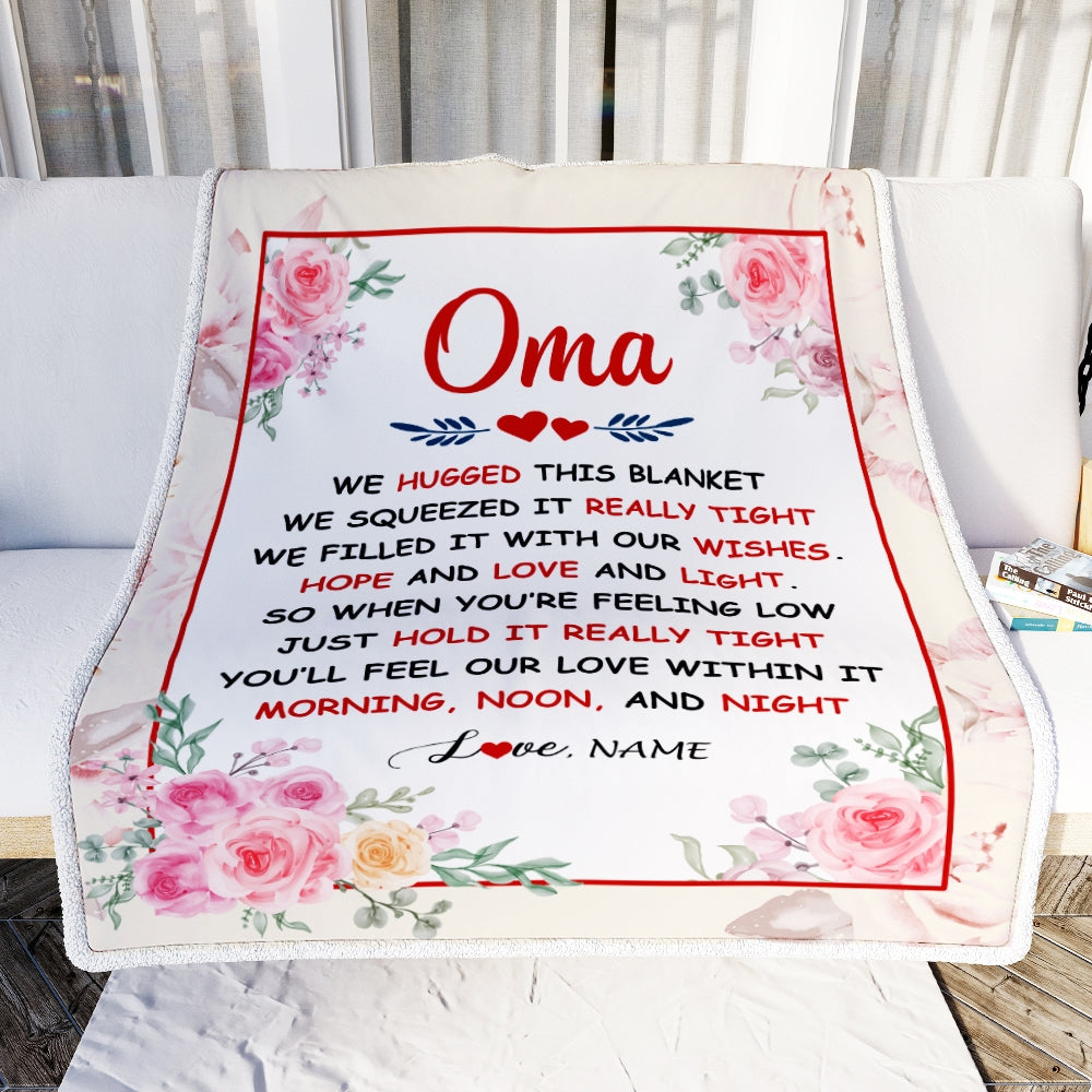 Personalized Oma Blanket From Grandkids Granddaughter Grandson We Hugged This Blanket Floral Oma Birthday Mothers Day Christmas Customized Fleece Throw Blanket | siriusteestore